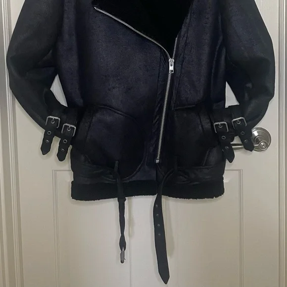 American Eagle Faux Suede Shearling Lined Distressed Moto Jacket, Bl, Sz XL - Picture 5 of 16